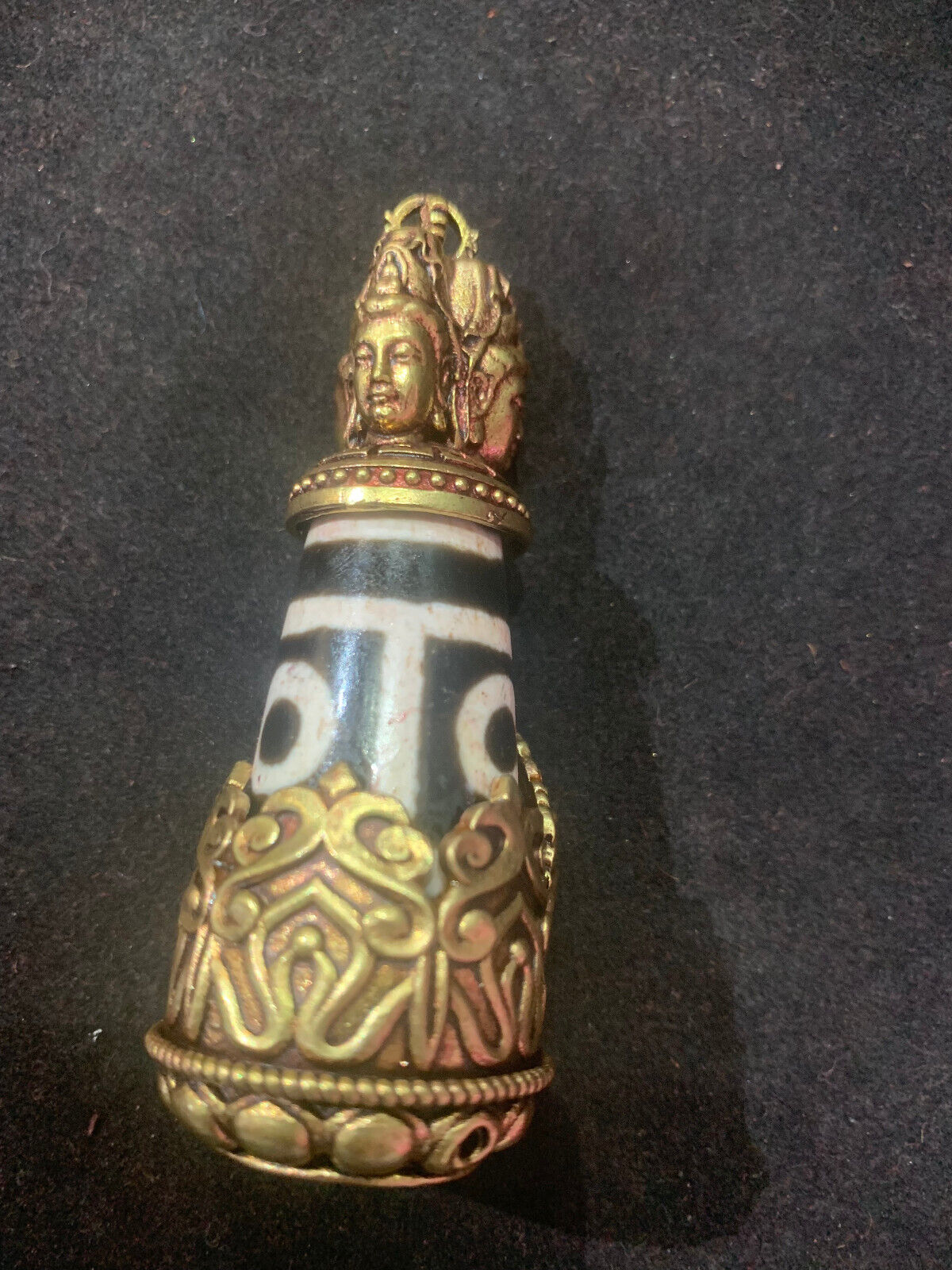 120g Tibetan Brass *3Faces KwanYin *Inlay Old Agate Dzi *3Eyed* Bead Statue