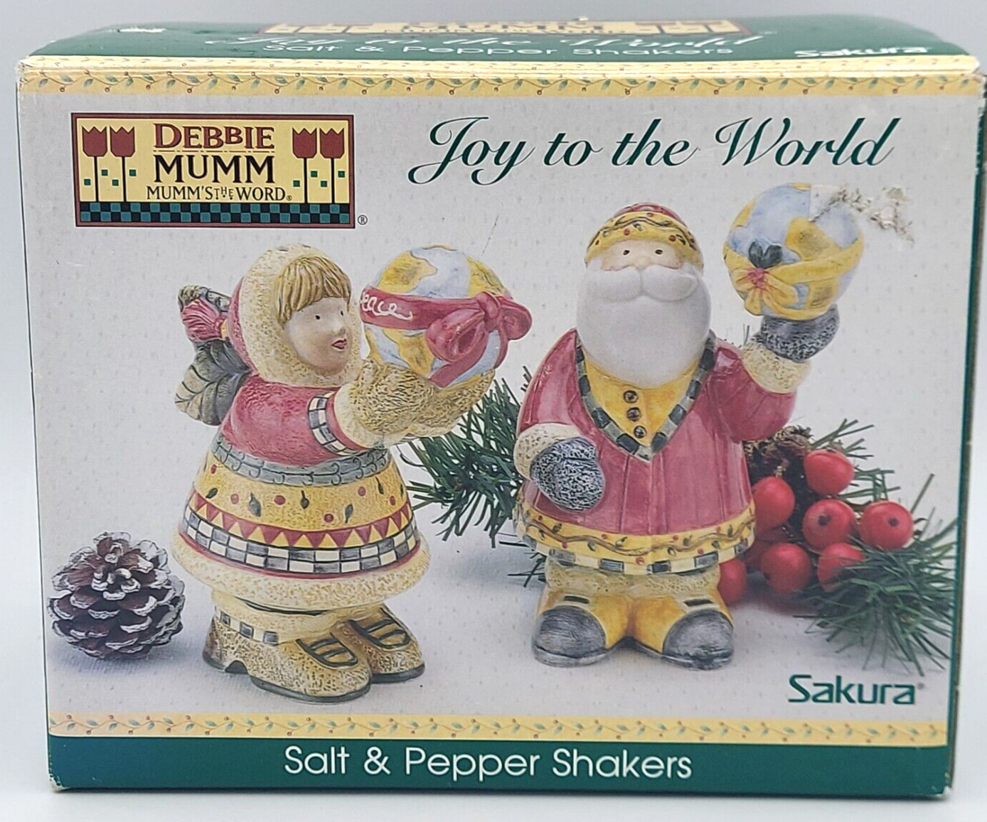DEBBIE MUMM Christmas Joy to the World Salt & Pepper Shakers Sakura New Open Box