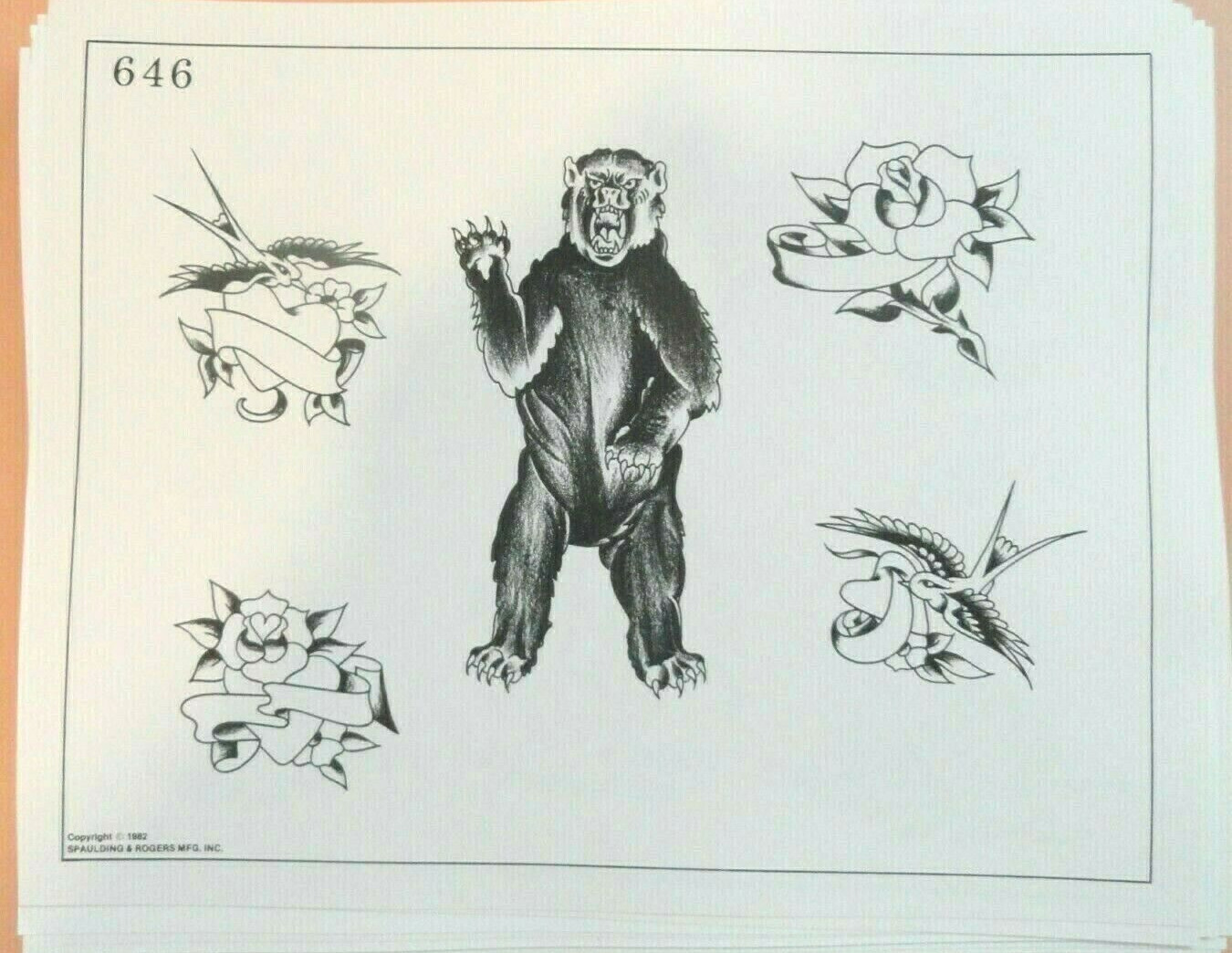 Vintage 1982 Spaulding & Rogers Tattoo Flash Sheet #646 Grizzly Bear Rose