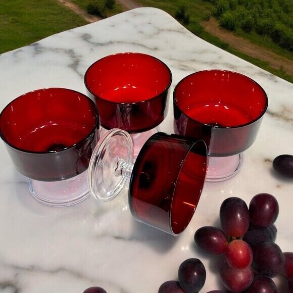 Vintage Set of 4 Ruby Red Glass Fruit Desert Cups Bowl by Luminarc Cavalier
