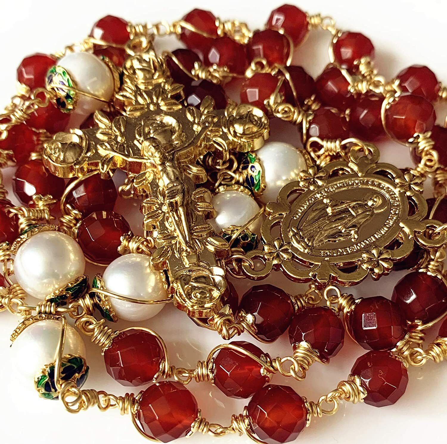 Gold Wire Wrapped Red Agate &11-12mm Real Pearl Beads Rosary Crucifix Necklace
