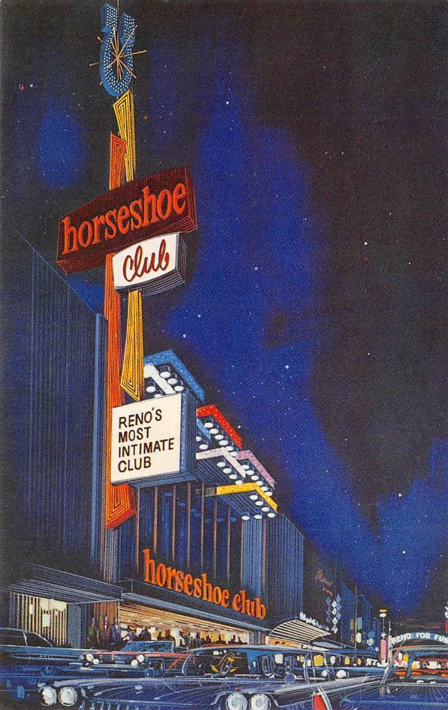 RENO'S HORSESHOE CLUB Nevada Casino Night Scene c1950s Art Vintage Postcard
