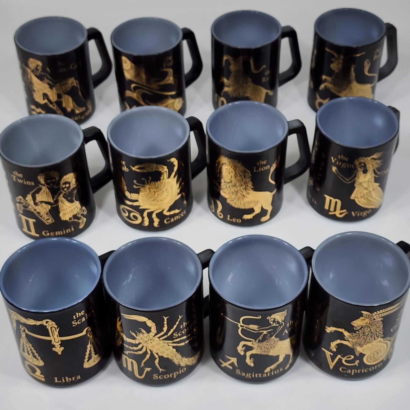 Vintage Federal Black Zodiac Cups Milk Glass Set Of 12 Mugs Horoscopes Astrology