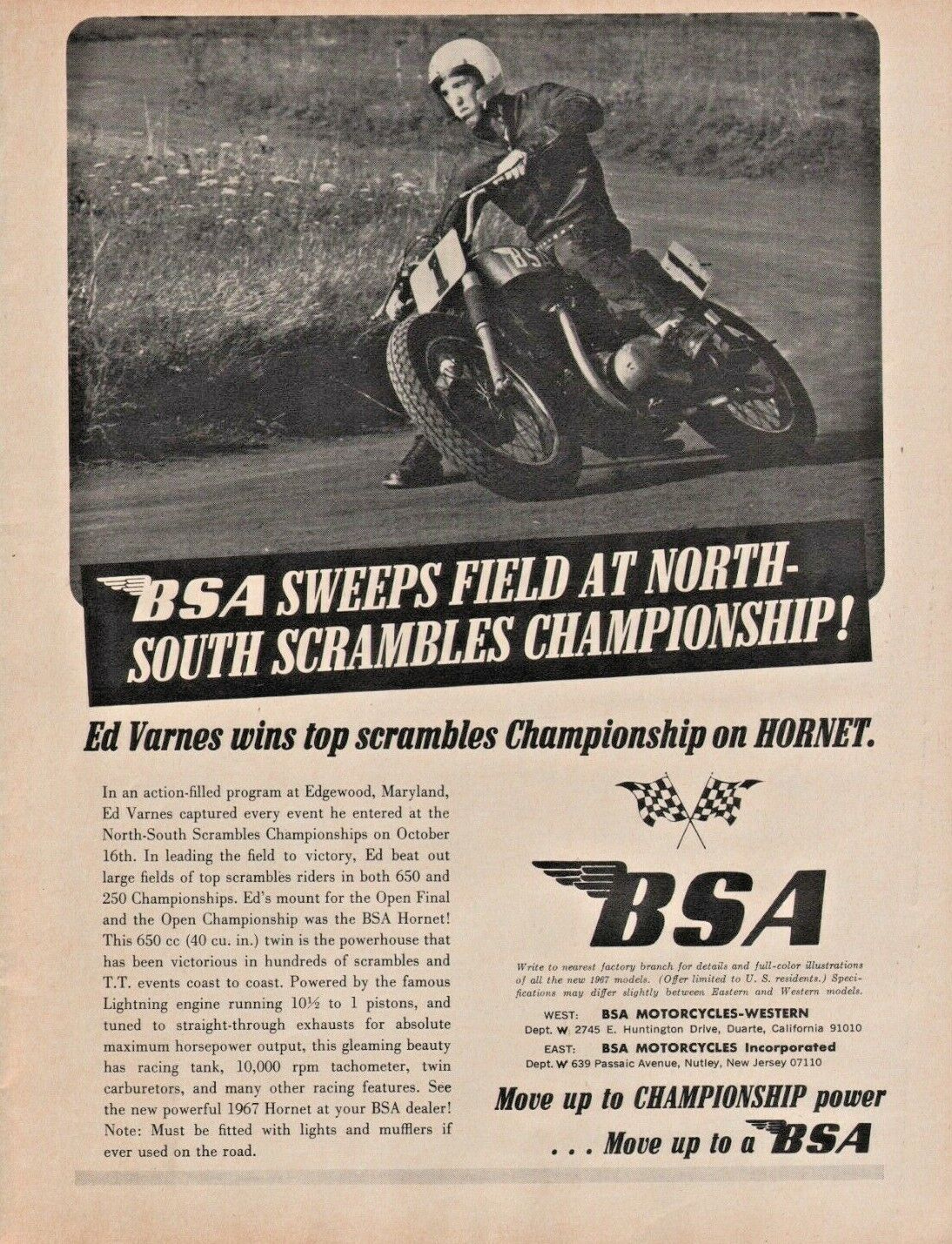 1967 Ed Varnes BSA Hornet Edgewood Maryland Motorcycle Scrambles - Vintage Ad