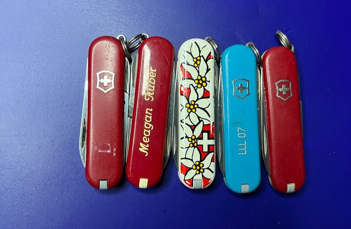 Lot of 5 Victorinox Classic Swiss Army Knives - Multi colors and Logos