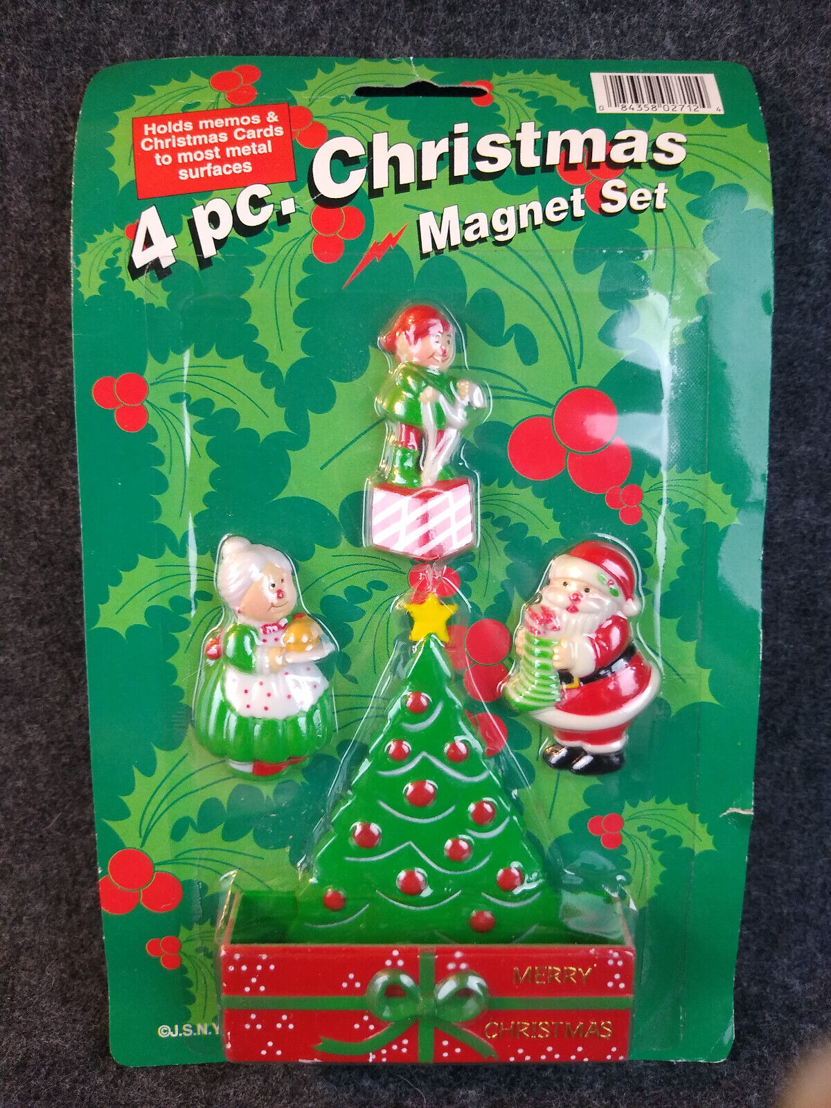 Vintage JSNY Christmas Plastic Refrigerator Magnets 4 Pc Santa Claus Elf Etc NEW