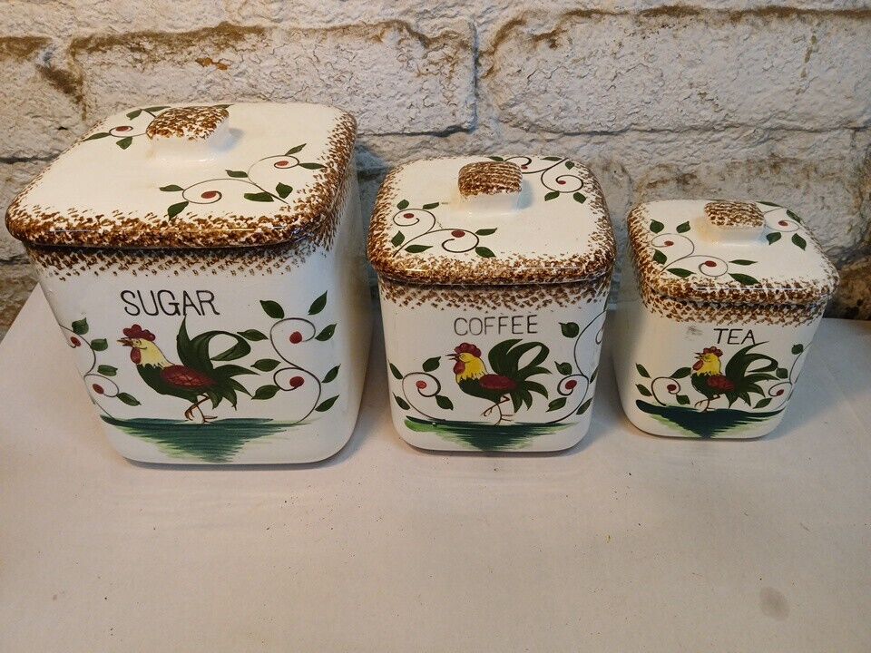 Vintage Napco Porcelain Rooster Canisters Sugar, Coffee & Tea 