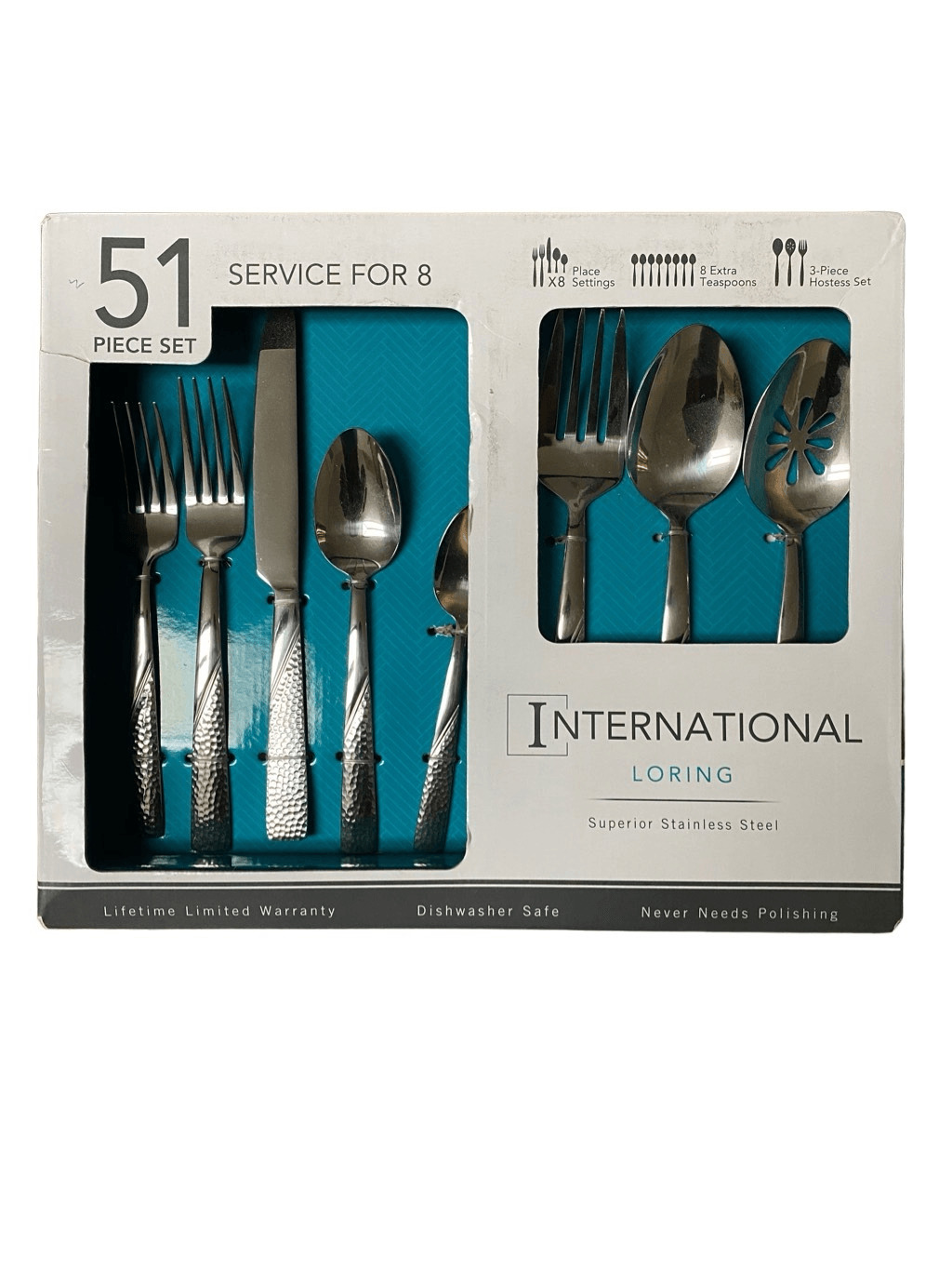 51 Pc - 18/0 Stainless Steel Hammered Flatware Silverware Set for 8