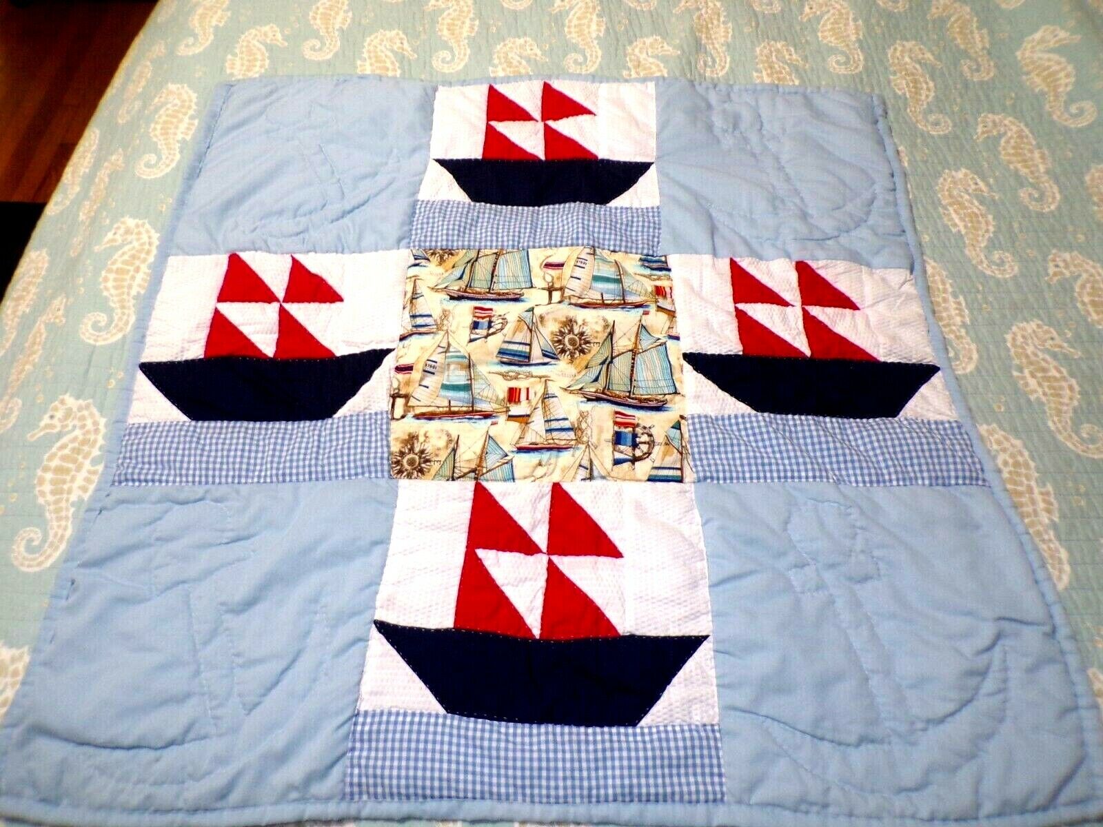 HandMade Patchwork Quilt Blanket Colorful Sailboats Nautical Pieces 36 x 36