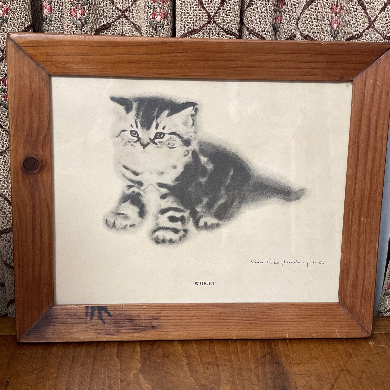 Playful Kitten by Clara Turley Newberry, framed Widget 1955 Antique Frame