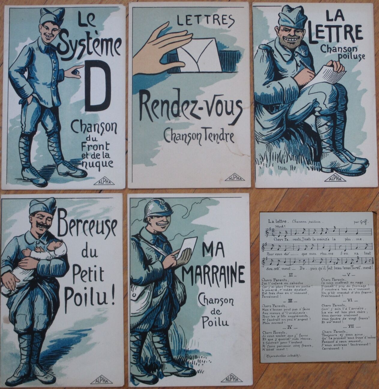 Novelty/Mechanical 1915 Postcards: Set of FIVE w/Soldiers, Fold Open Sheet Music