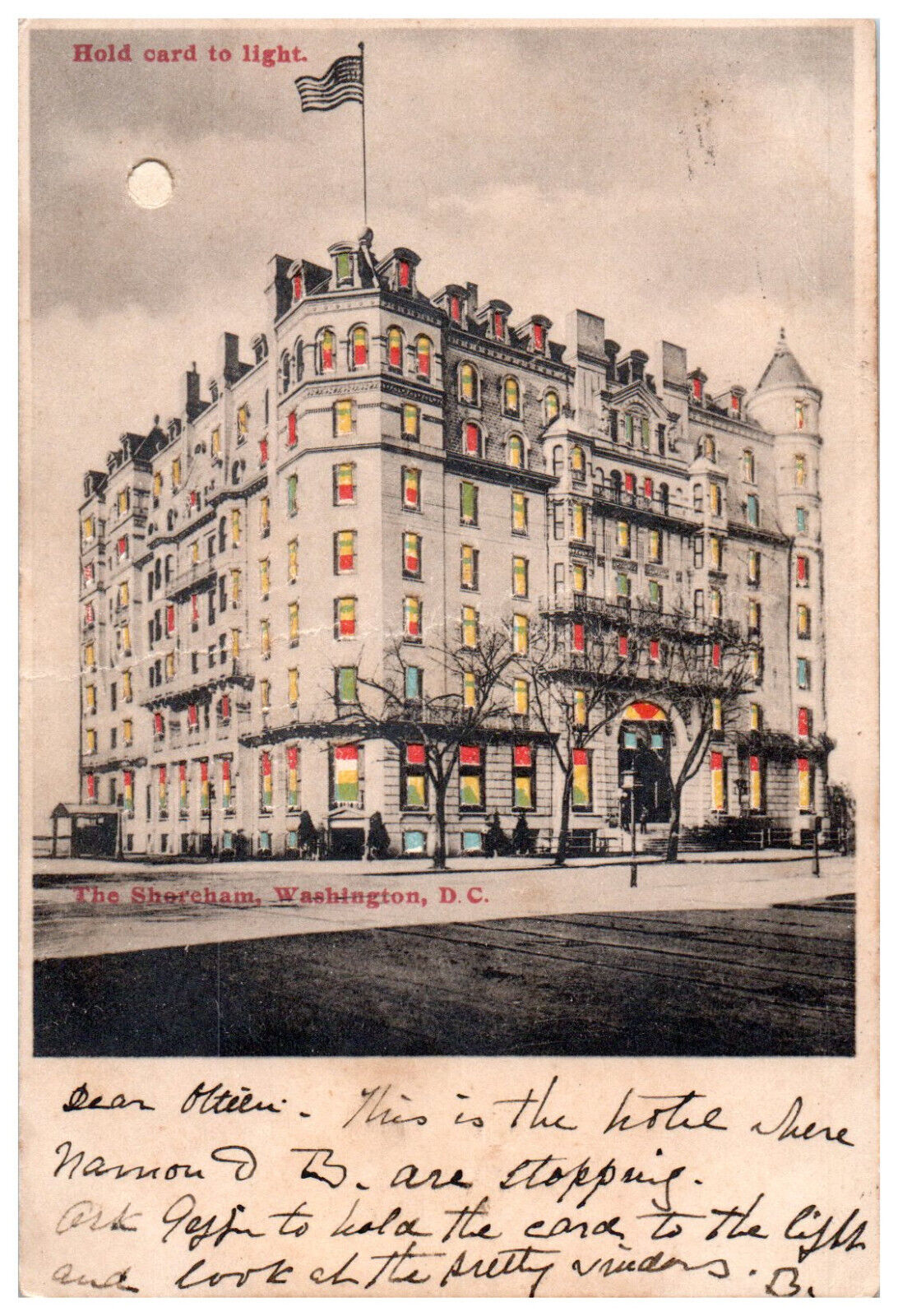 Postcard Hold to Light The Shoreham Hotel Washington DC 1905 Pre-WWI Demoltion
