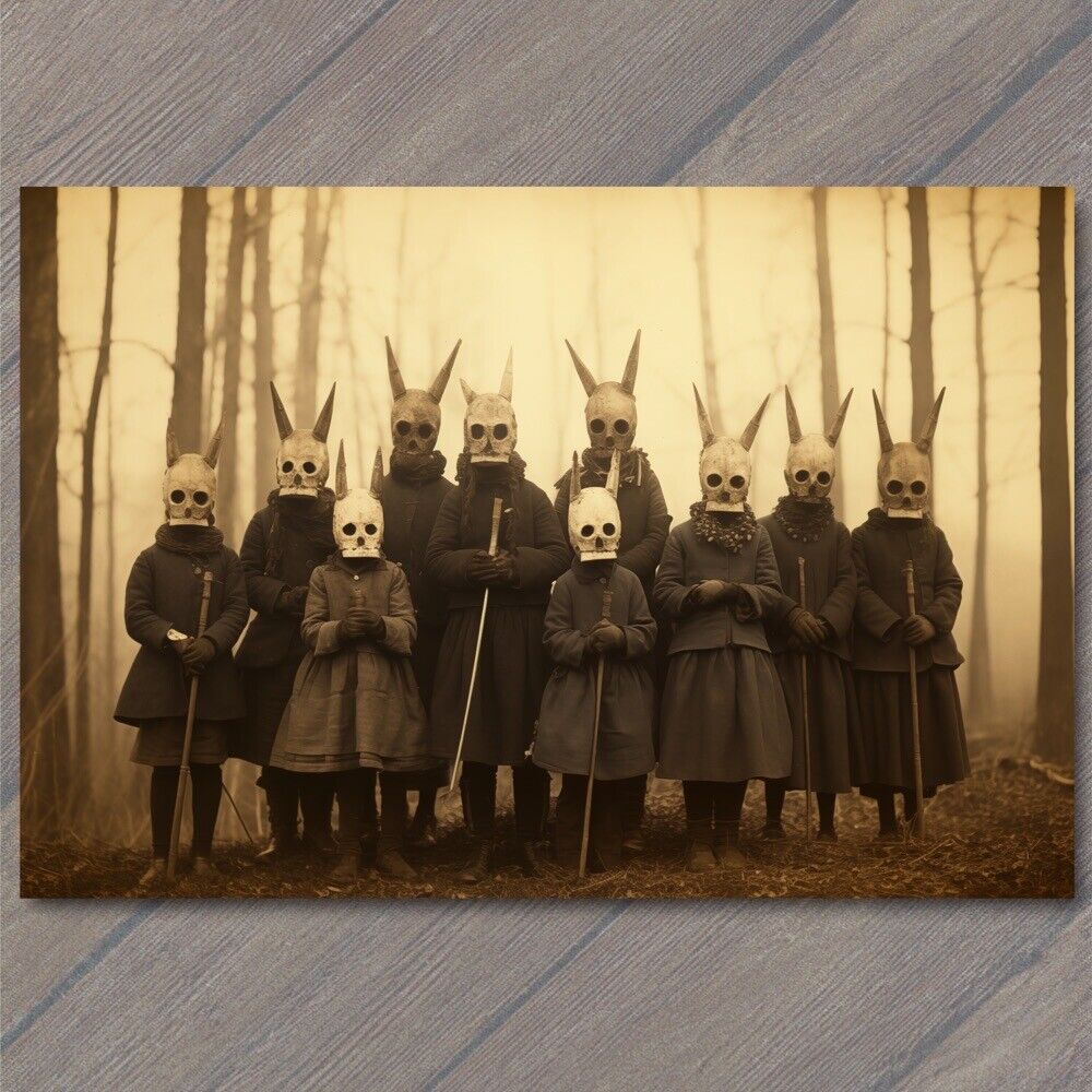 POSTCARD Weird Creepy Vibe Horned Masks Halloween Unusual Strange Cult Family