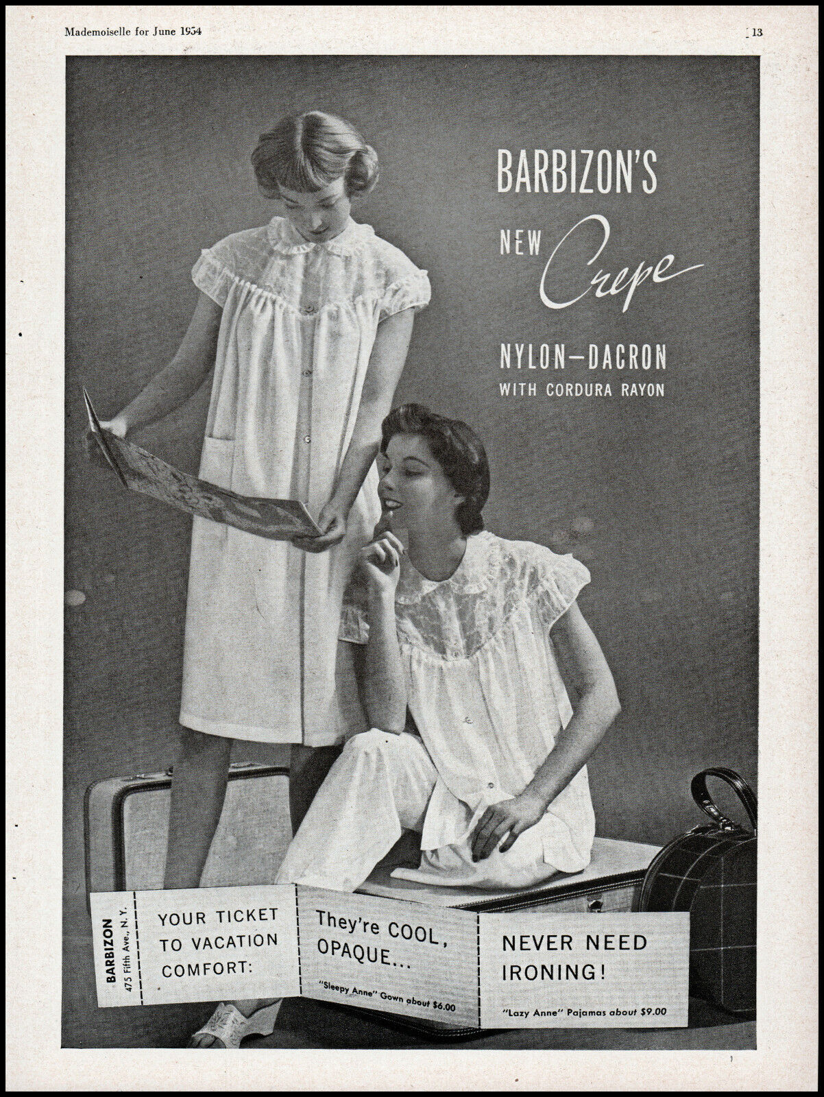1954 Women in nightgowns Barbizon Crepe nylon-dacron retro photo print ad ads38