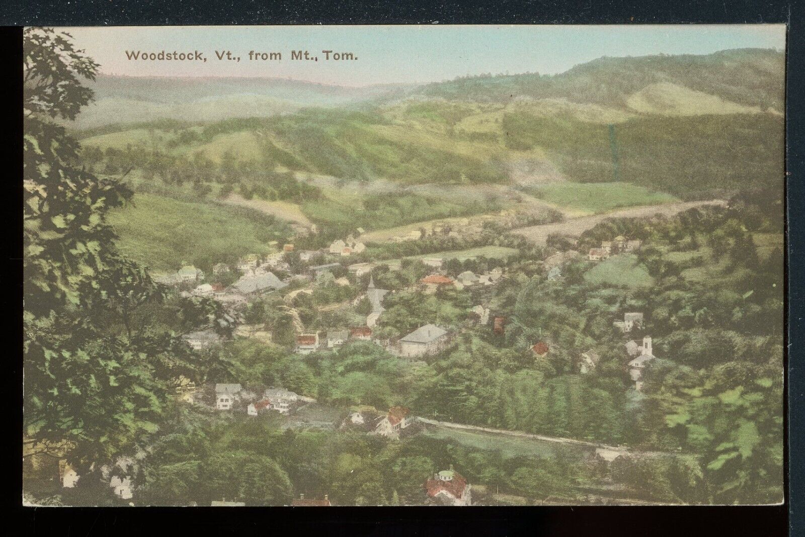 Early Woodstock VT Bird\'s-Eye View Hand Colored Historic Postcard Albertype