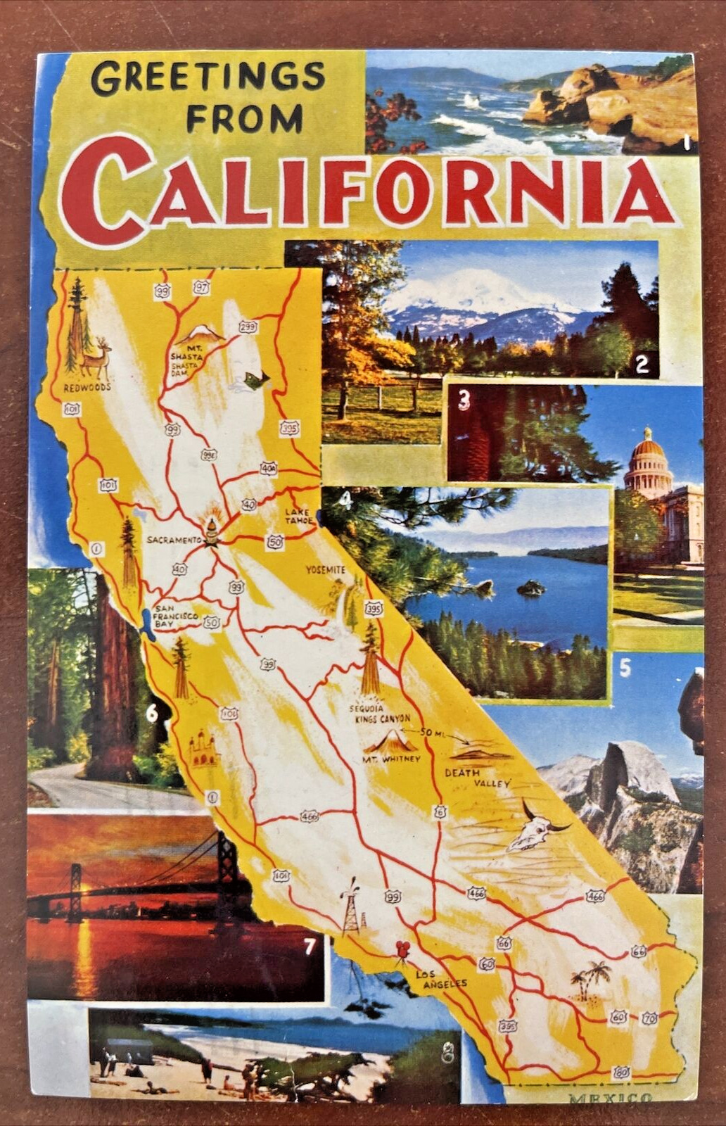 CALIFORNIA Old Postcard State Map Bakersfield Sacramento Fresno Redwood Trees PM