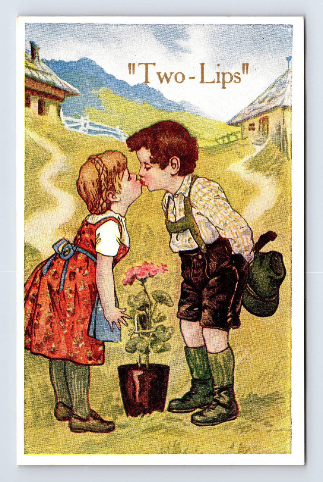 DB Postcard Two Lips Boy and Girl Kissing Romance