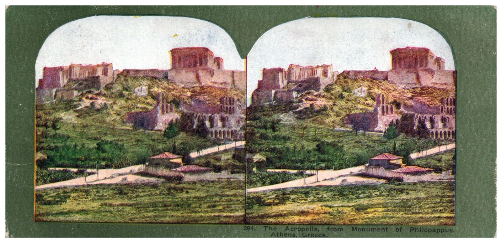 STEREOSCOPE THE ACROPOLIS FROM MONUMENT PHILOPAPPUS ATHENS GREECE CARD 294
