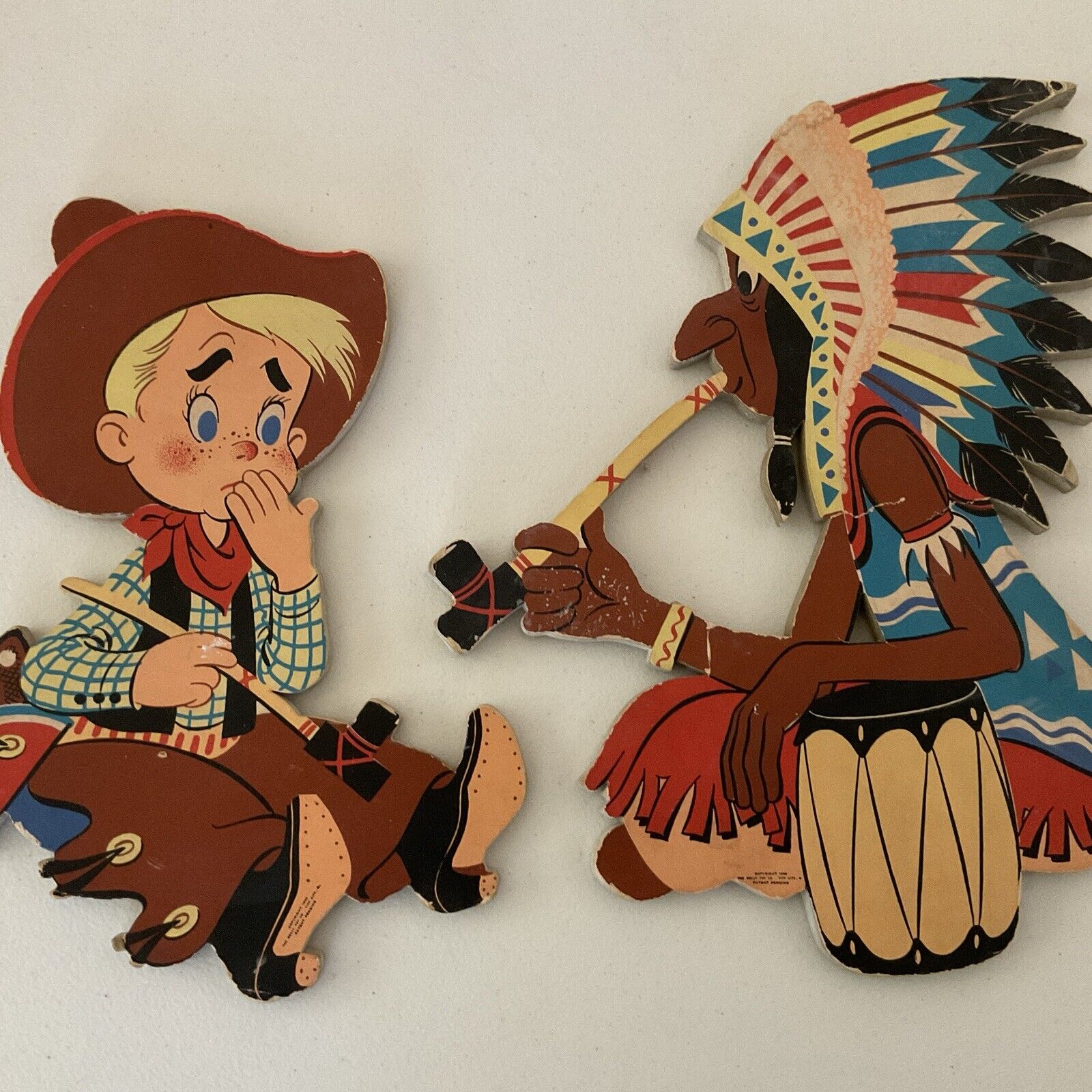 Vintage Western Plaques Cowboy Indian Wall Hanging Pressed Cardboard Dolly Toy