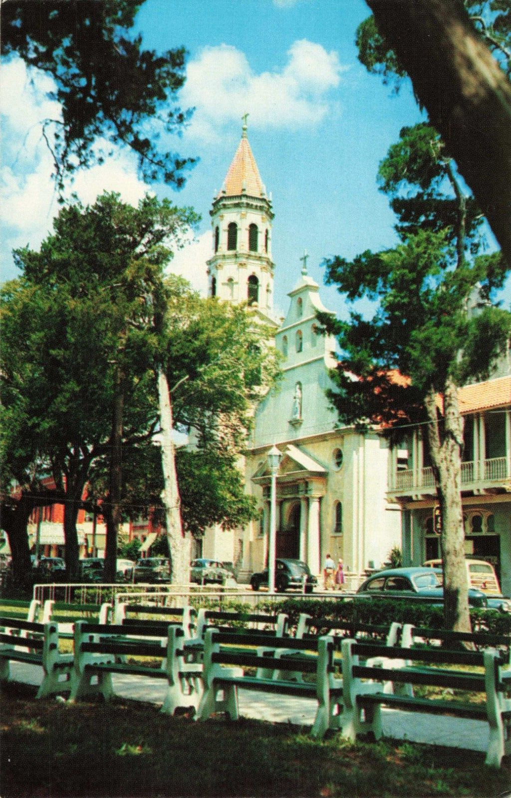 St Augustine Florida, Old Cathedral Church, Old Cars, Benches, Vintage Postcard