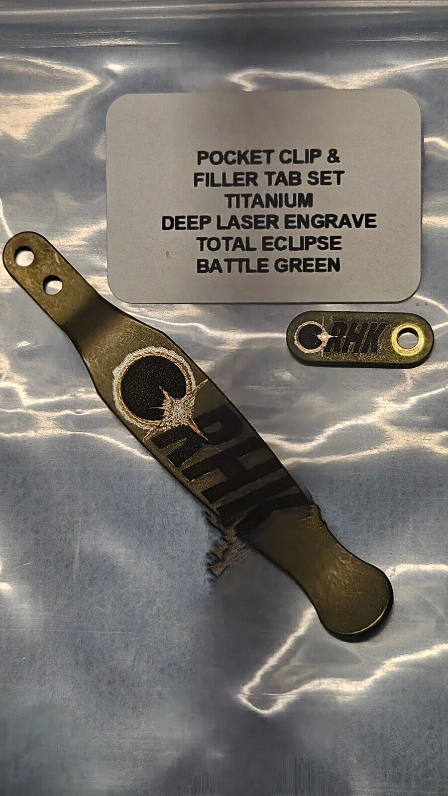 Hinderer Knives OEM Battle Green Total Eclipse Engraved Pocket Clip & Tab Set