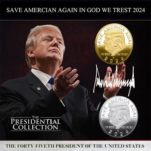 2Pcs Commemorative Coin 2024 Donald Trump Plated Eagle President Silver + Golden