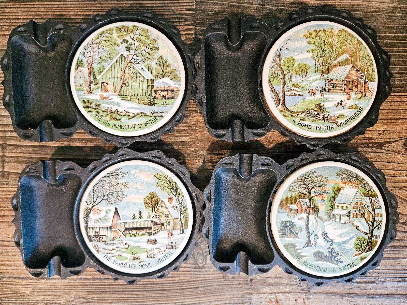 Set Of 4 Vintage Currier And Ives Cast Iron Ash Tray Cup Coasters Made In Japan
