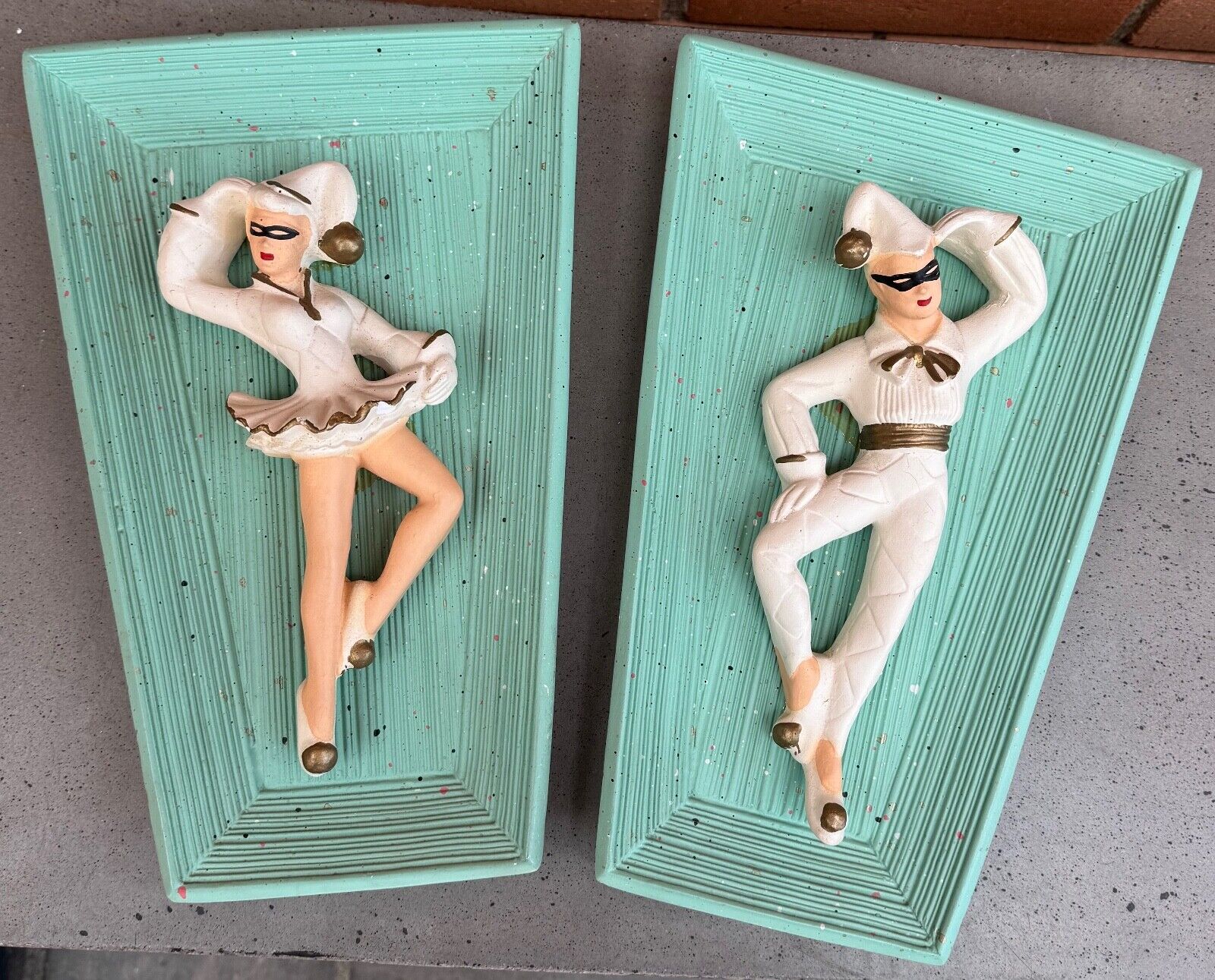 Vintage 1950s Harlequin Chalkware Plaques Wall Hangings Mid Century MCM Kitsch