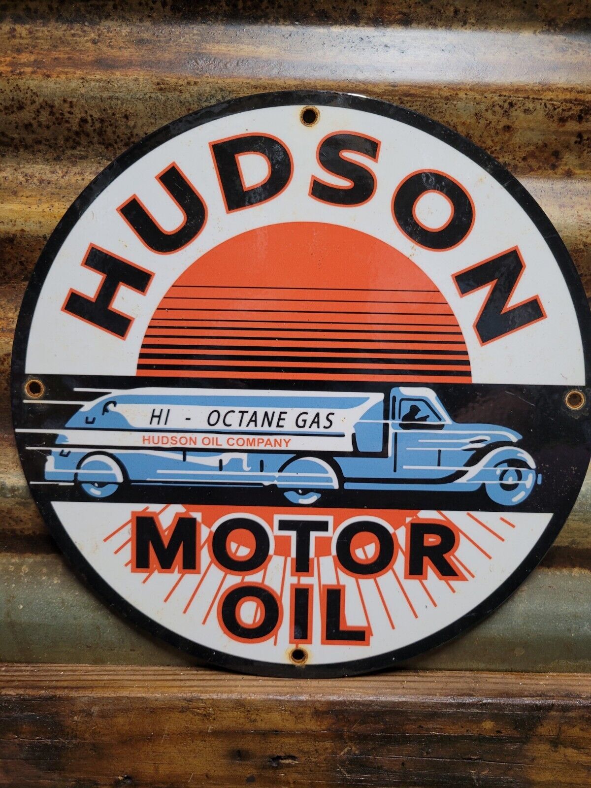 VINTAGE HUDSON PORCELAIN SIGN MOTOR OIL GAS PUMP PLATE AUTOMOBILE SUPPLY 12