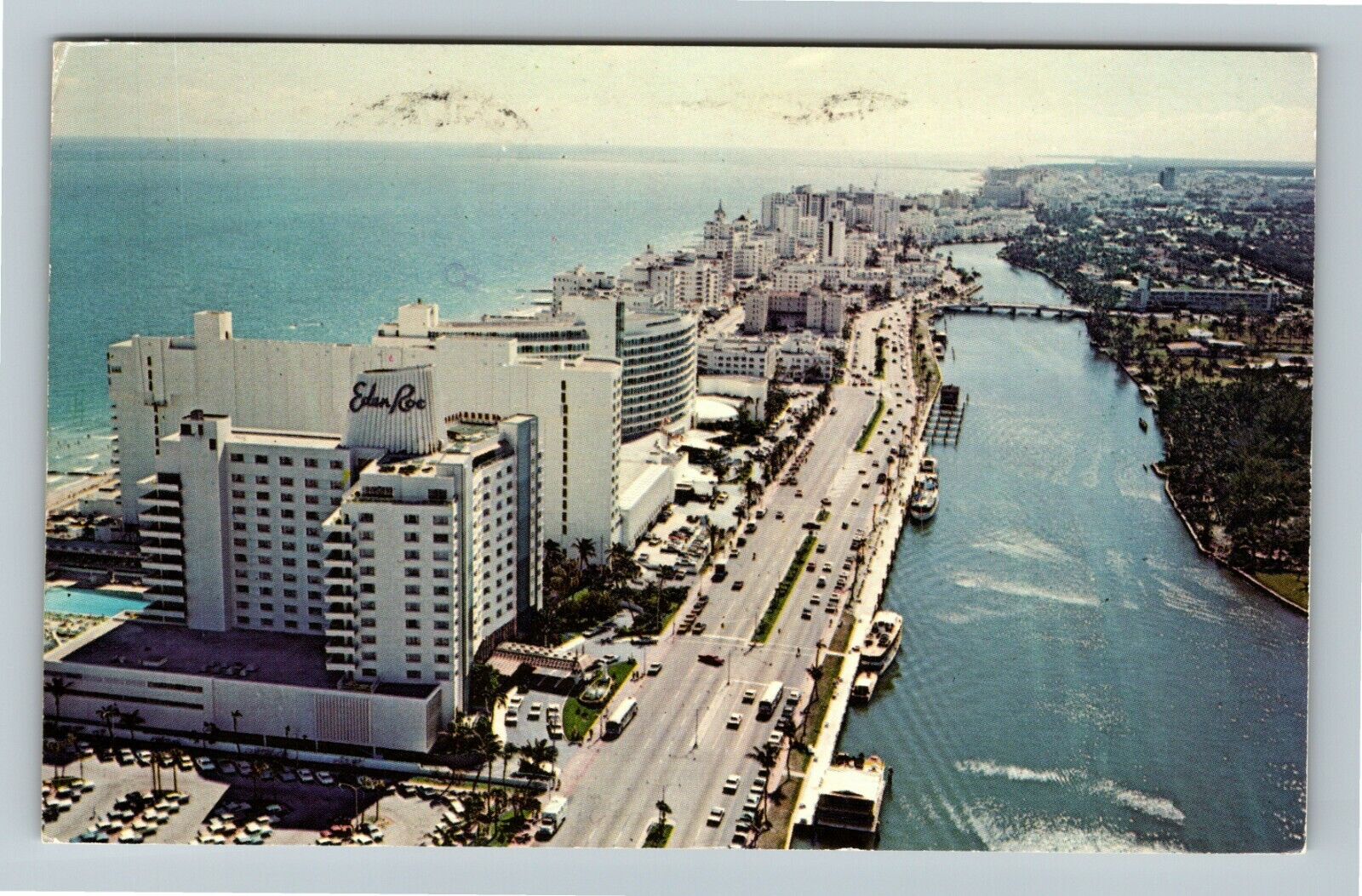 Miami Beach FL-Florida Hotel Row and Creek Aerial View c1979 Vintage Postcard
