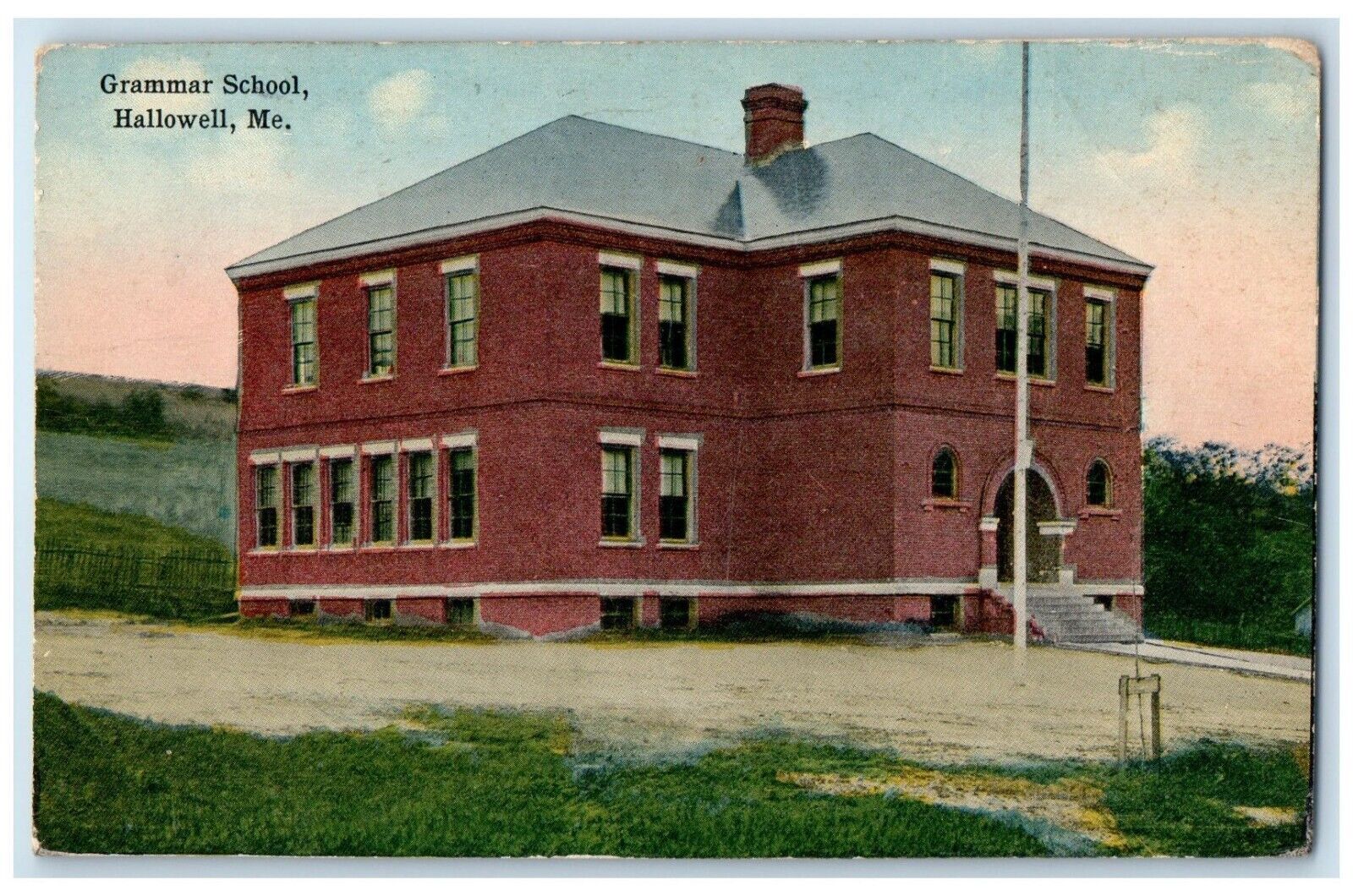 c1920 Exterior View Grammar School Building Hallowell Maine ME Antique Postcard