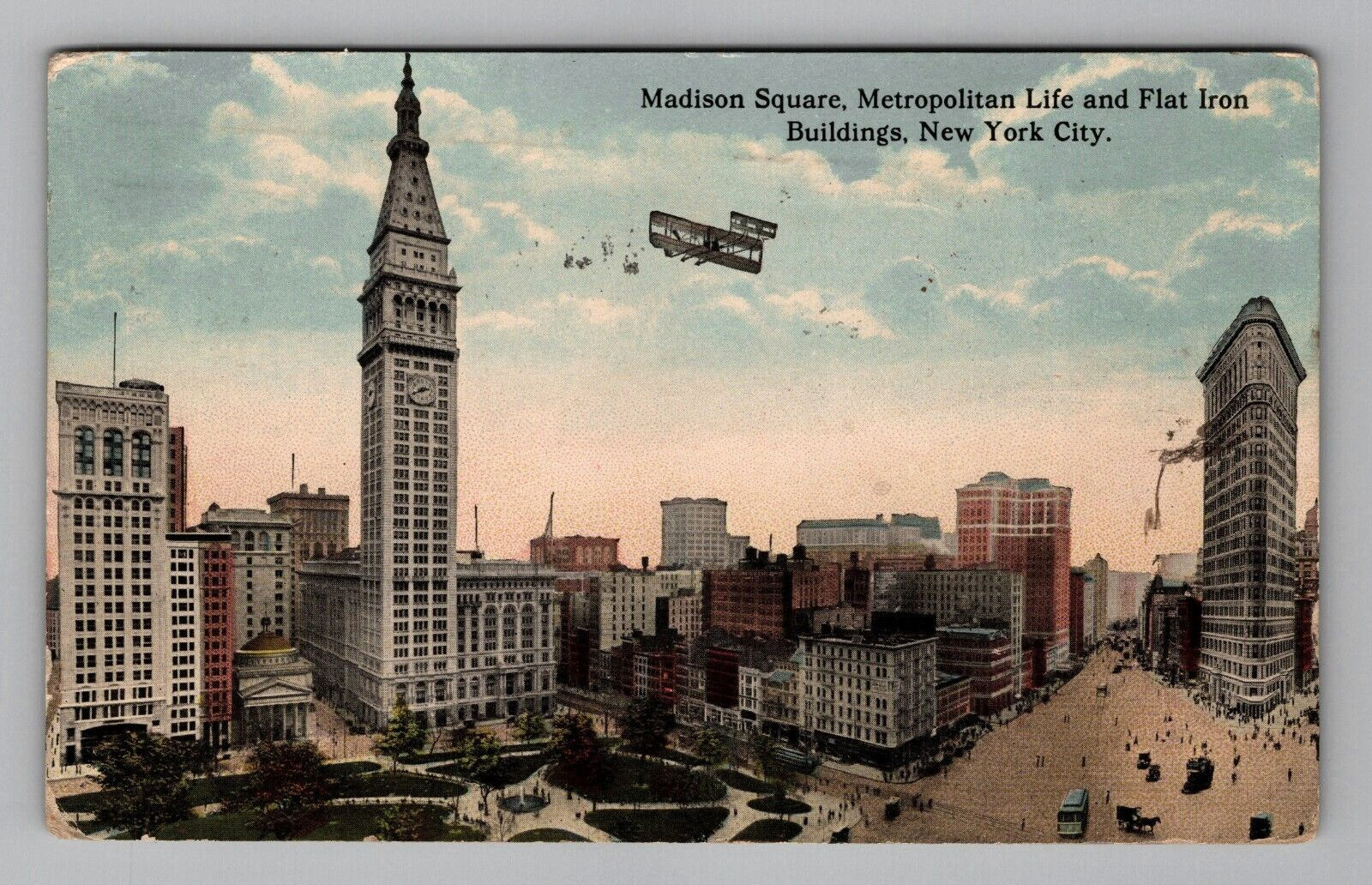 Postcard 1913 NY Madison Square Biplane Aircraft City Aerial View New York City