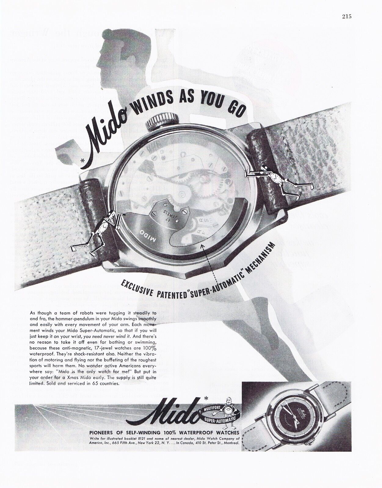 1945 MIDO SELF-WINDING SUPER-AUTOMATIC WATCH AD Vintage Sports Watch, Montreal