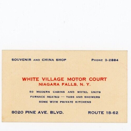 Vintage Business Card White Village Motor Court Niagra Falls NY