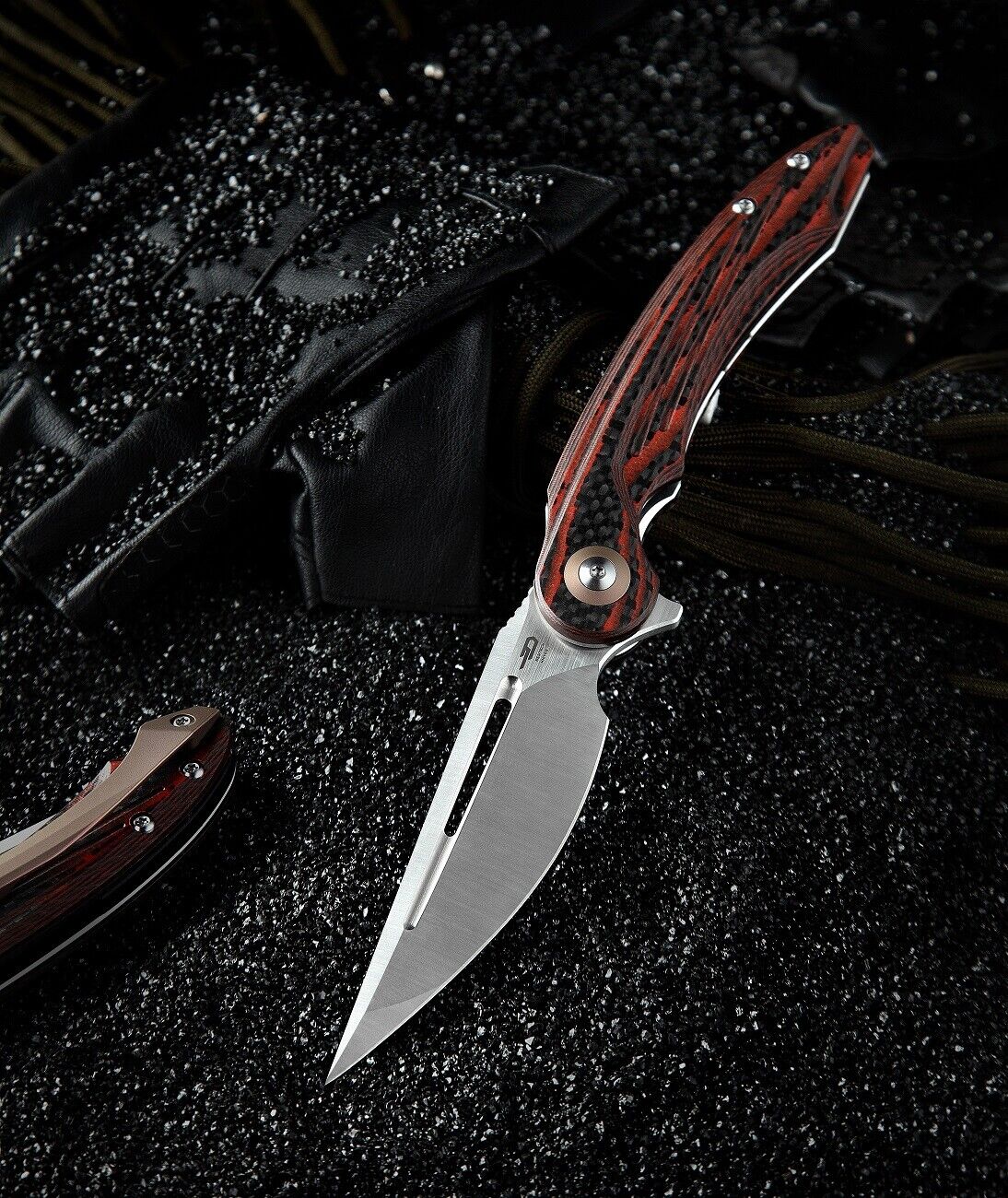 Bestech Irida Liner Lock Knife Black Red G10 CF Handle Plain 14C28N Blade BG25E