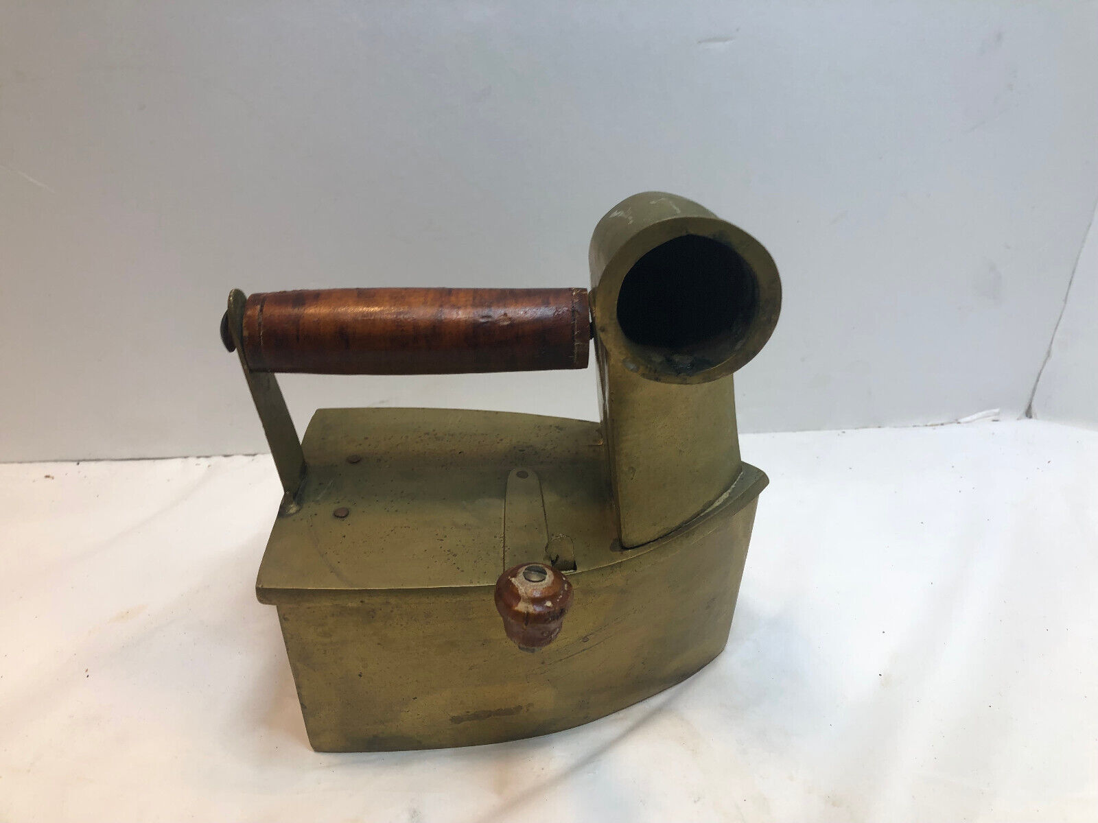 Antique Vintage Brass Coal Steam Iron with Wood Handle Primitive