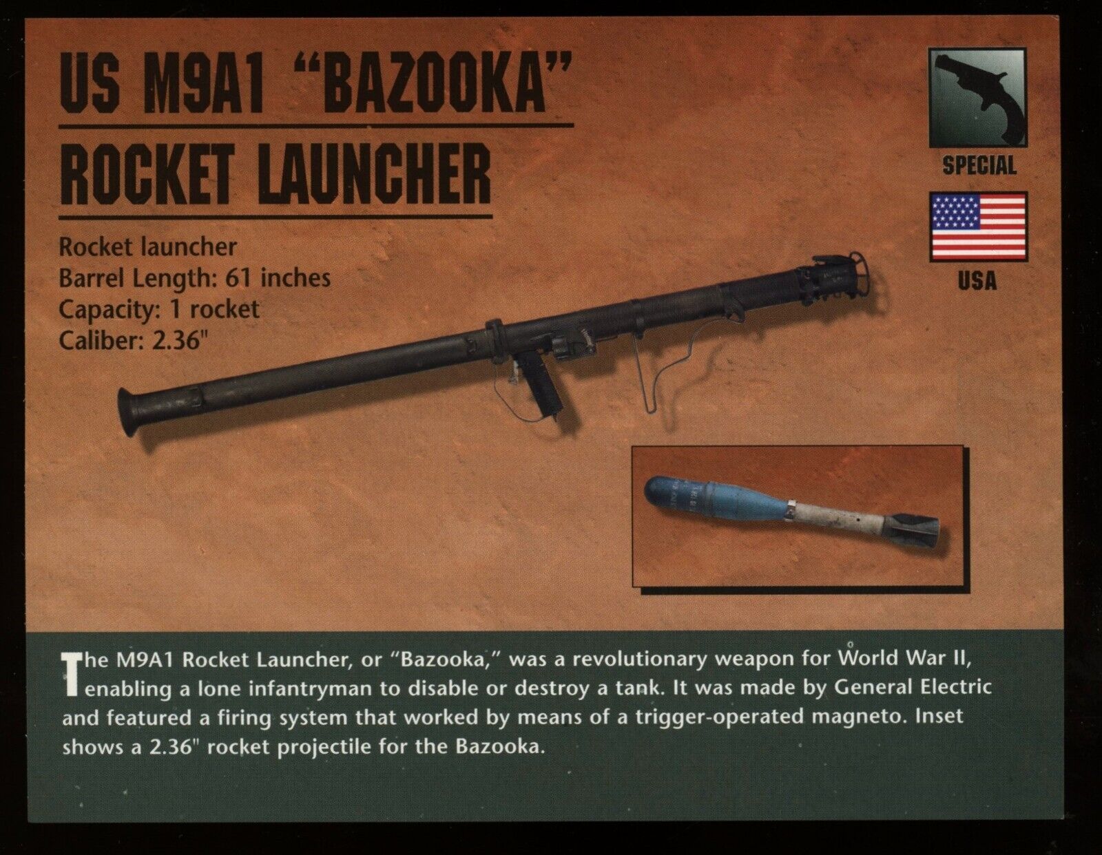 US M9A1 Bazooka Rocket Launcher Special Purpose Atlas Classic Firearms Card