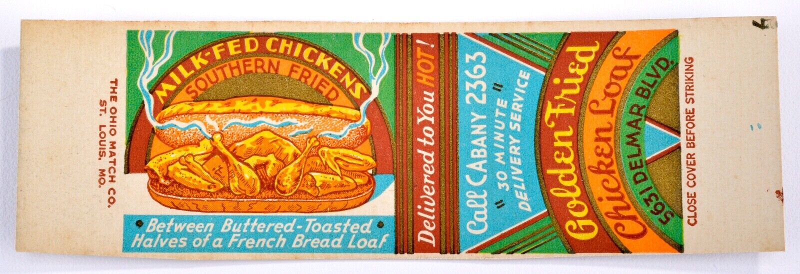 Vintage 1930's Matchbook Art Unbent - Golden Fried Chicken Loaf St Louis, MO #39