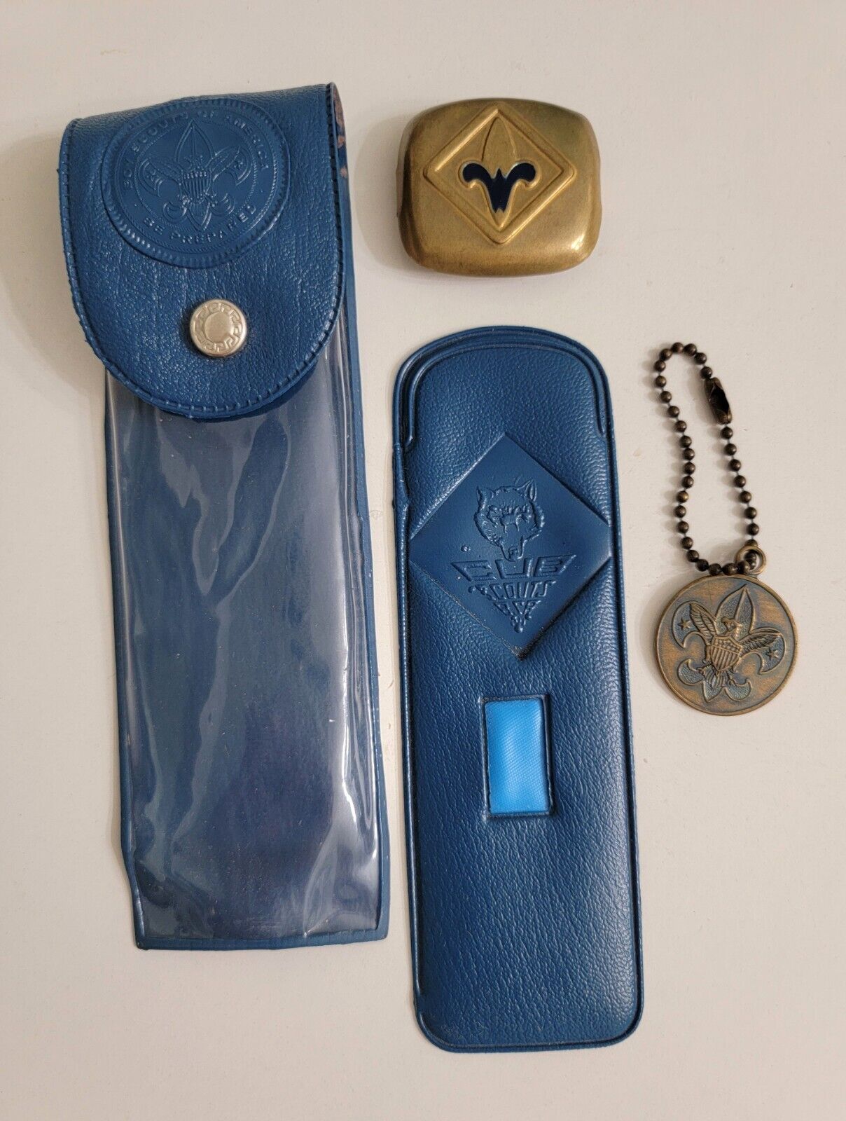 Vintage Boy Scout Comb Case, Pocket Knife Holder.  Keychain, Neckchif Slide