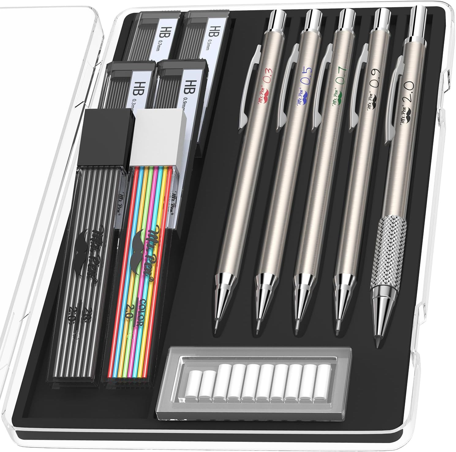 - Metal Mechanical Pencil Set with Lead and Eraser Refills, 5 Sizes, 0.3