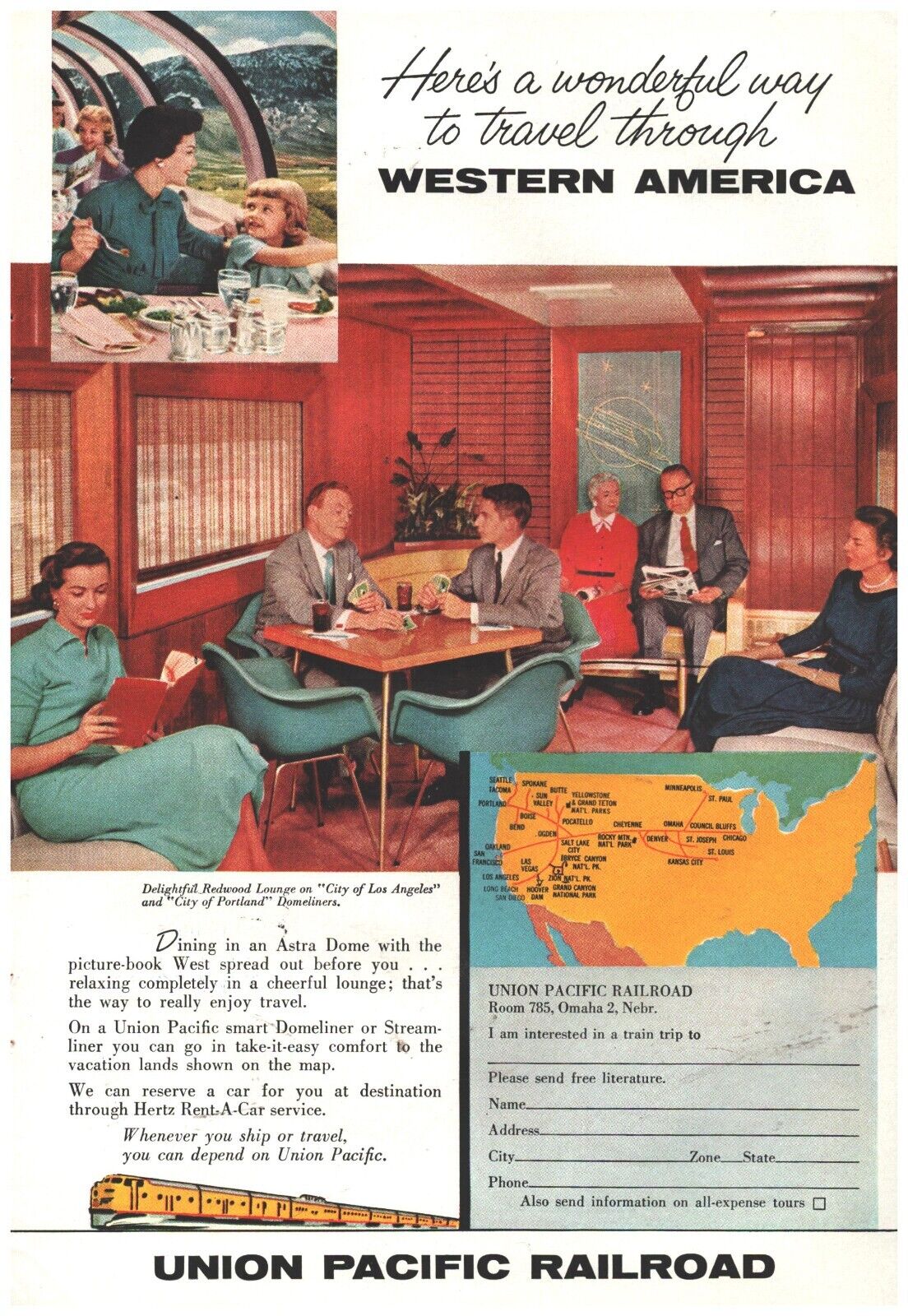 1958 Union Pacific Railroad Astra Dome Trains Vintage Original Magazine Print Ad