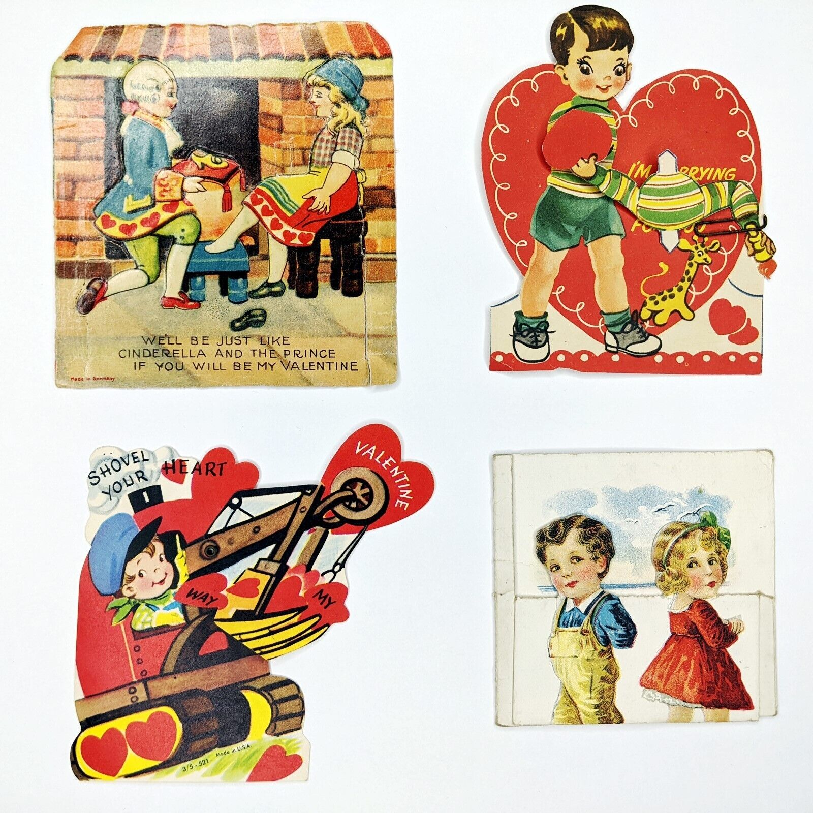 x4 LOT c1910s-50s Valentine\'s Day Cards Die Cut Germany Mechanical Crane Set 5V