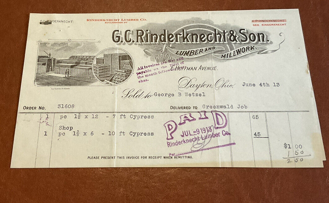 Awesome 1913 Rinderknecht Lumber Co Dayton Ohio Gast Lithograph Letter Head Bill