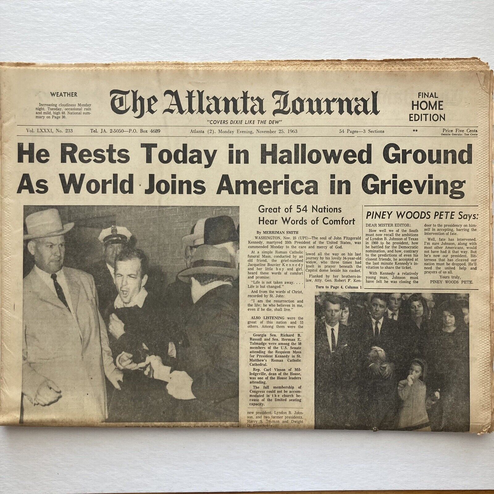 John F Kennedy Buried Atlanta Journal 11-25-63 Complete Paper