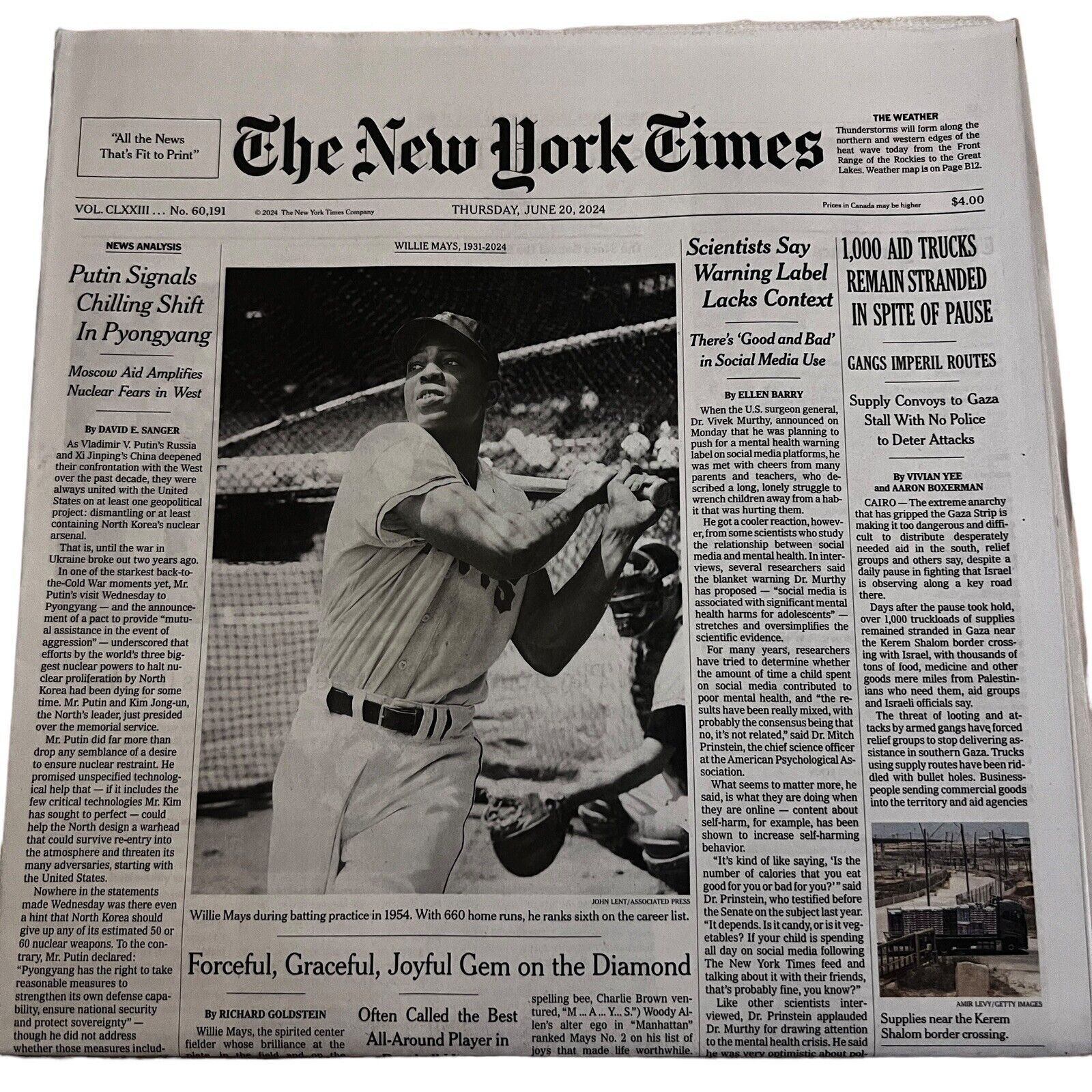 The New York Times Paper June 20 2024 WILLIE MAYS 1931-2024 -- 600 Home Runs NYT