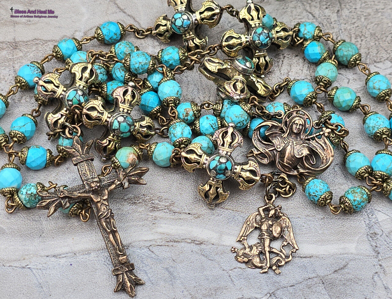 Joan of Arc St Michael Rosary- Turquoise&Vintage Bronze Prayer Beads