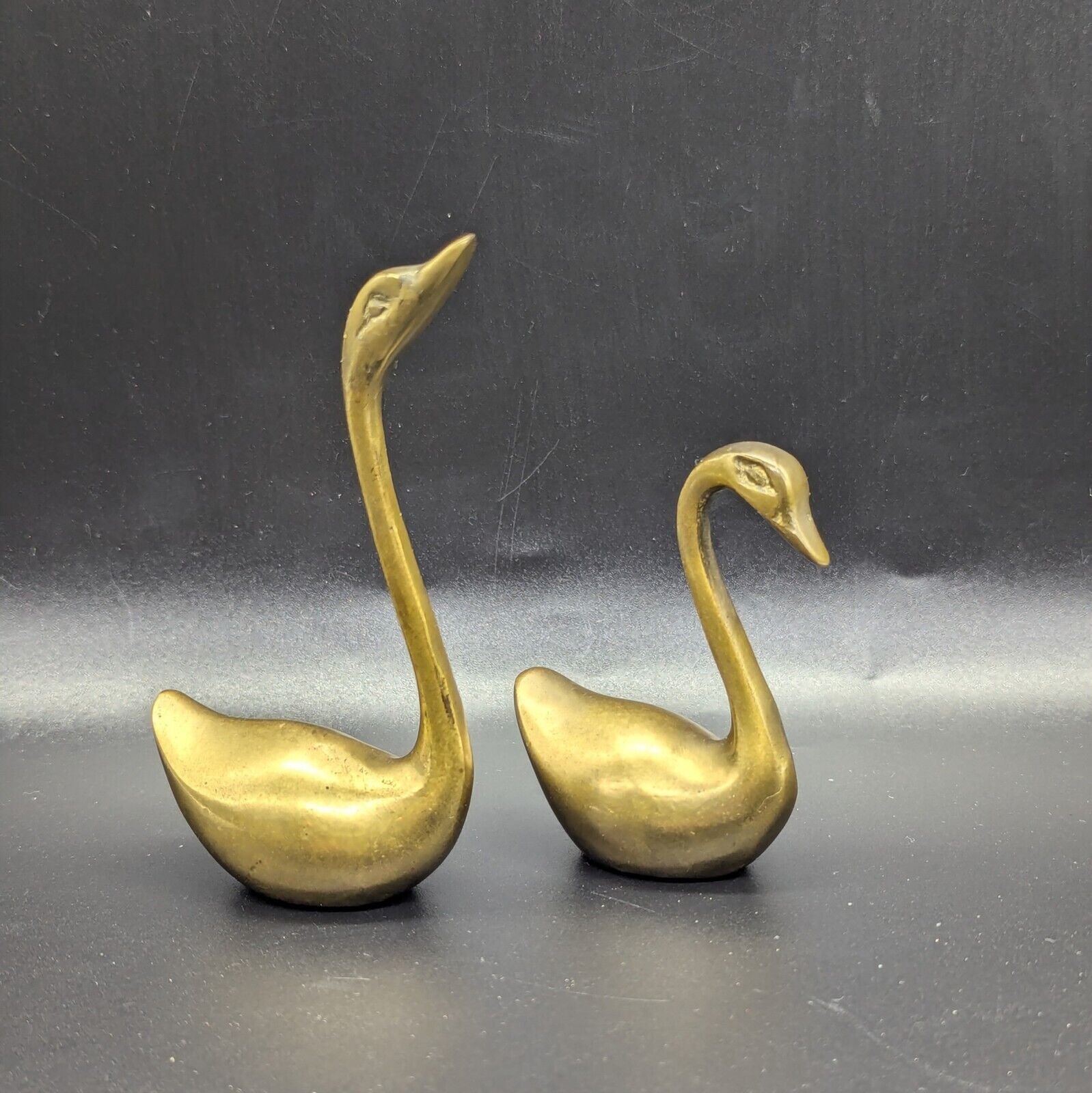 Vintage Pair Sm Solid Brass Swan Figurines Mid Century Set (2) AHG Made in Korea