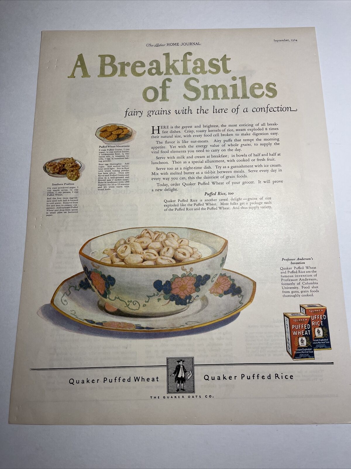 1924 Quaker Oats Puffed Wheat Rice Cereal Antique Print Ad A Breakfast Of Smiles