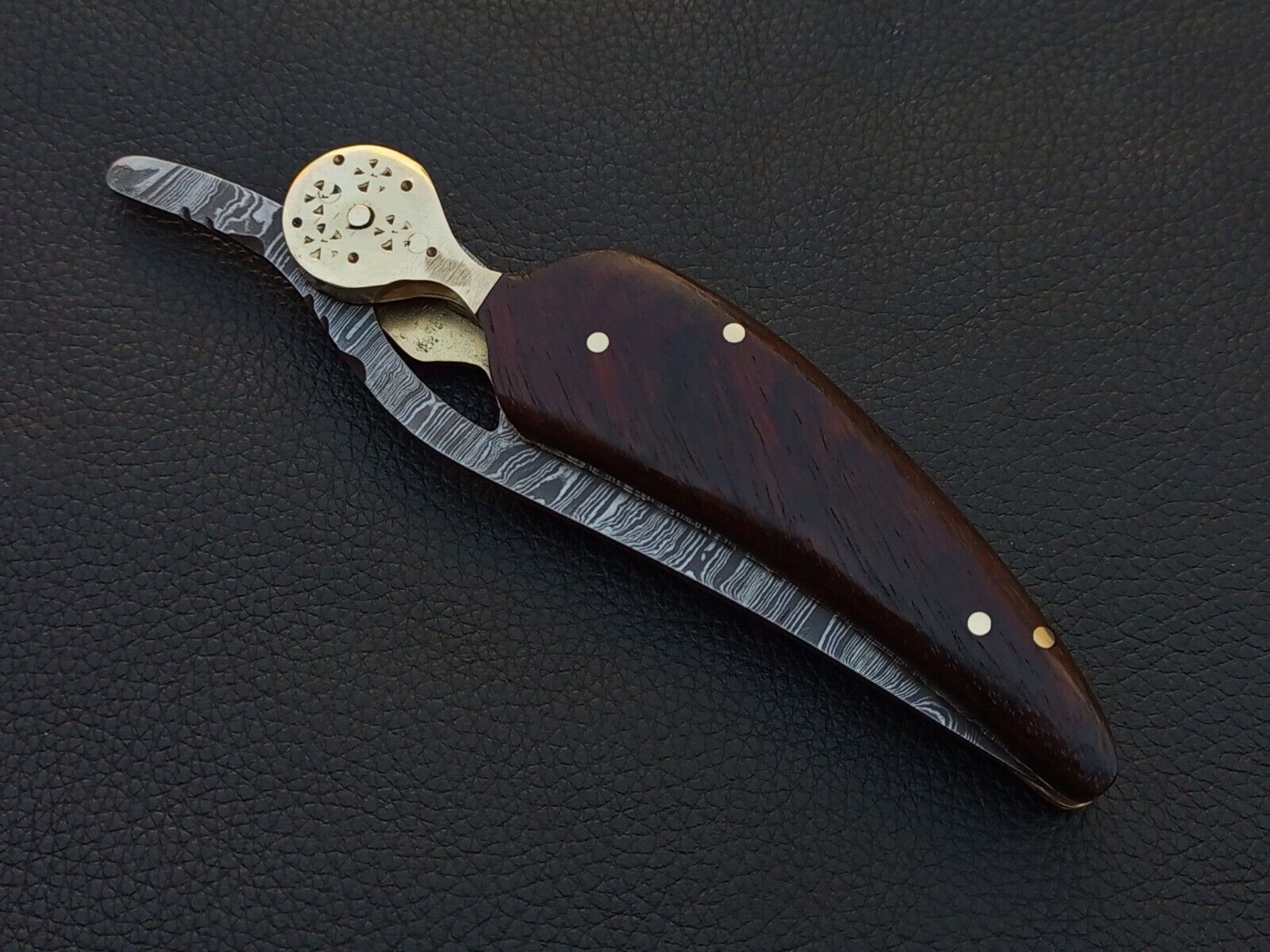 DAMASCUS STEEL CUSTOM MADE POCKET FOLDING KNIFE ROSEEWOOD HANDLE W/SHEATH J977