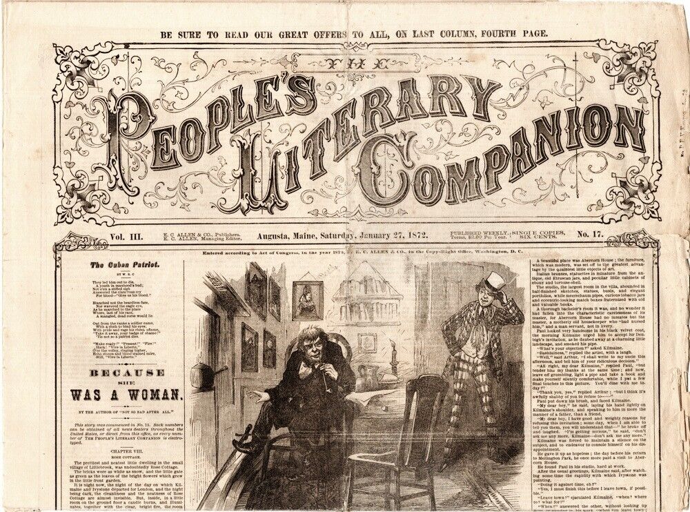 The People's Literary Companion, January 27, 1872, Full Page Broadsheet, RARE